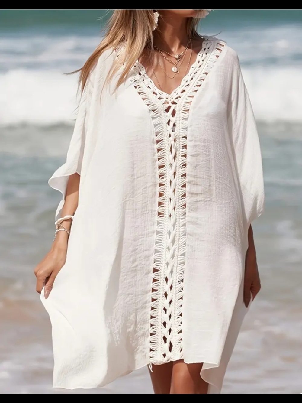 Boho Crochet-Trim White Beach Coverup Tunic